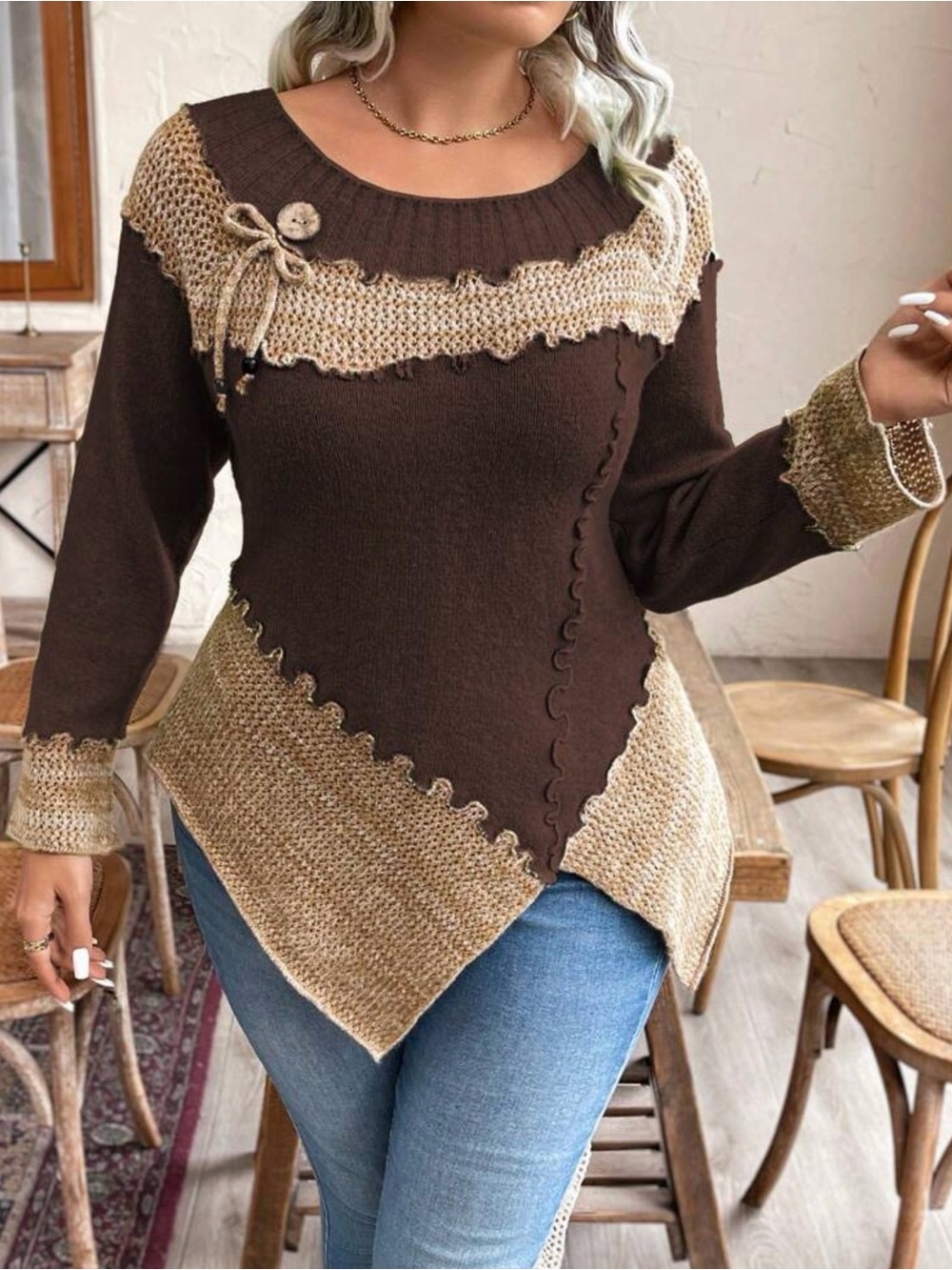 Women’s Brown and Beige Mixed-Knit Asymmetrical Sweater Size XL